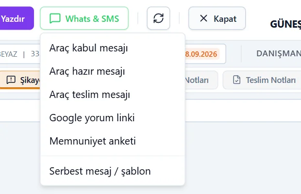 WhatsApp mesaj menüsü: araç kabul, araç hazır, araç teslim mesajları