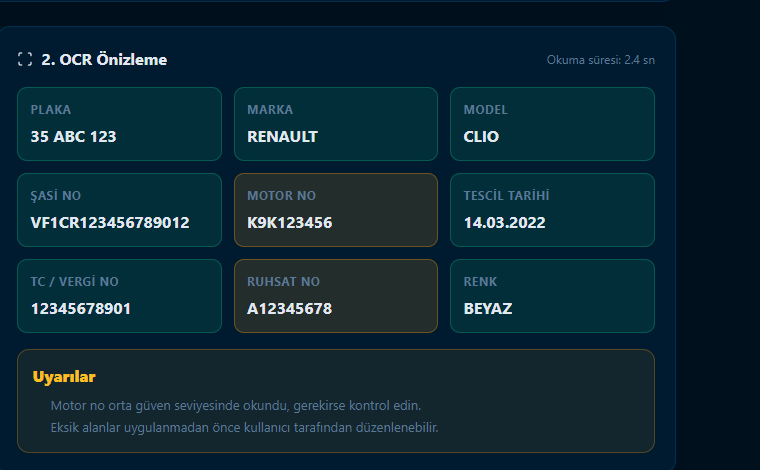 Ruhsat OCR önizleme ekranı
