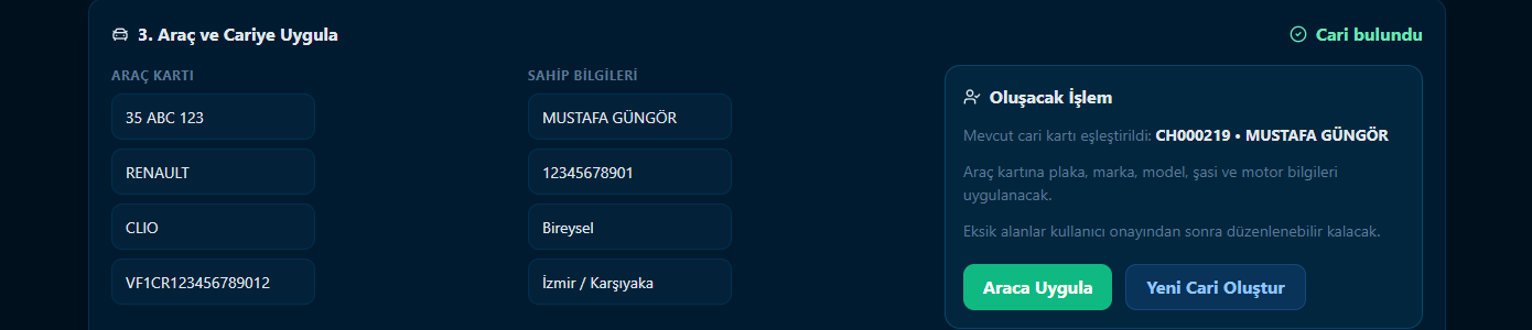 Araç kartına uygulama akışı